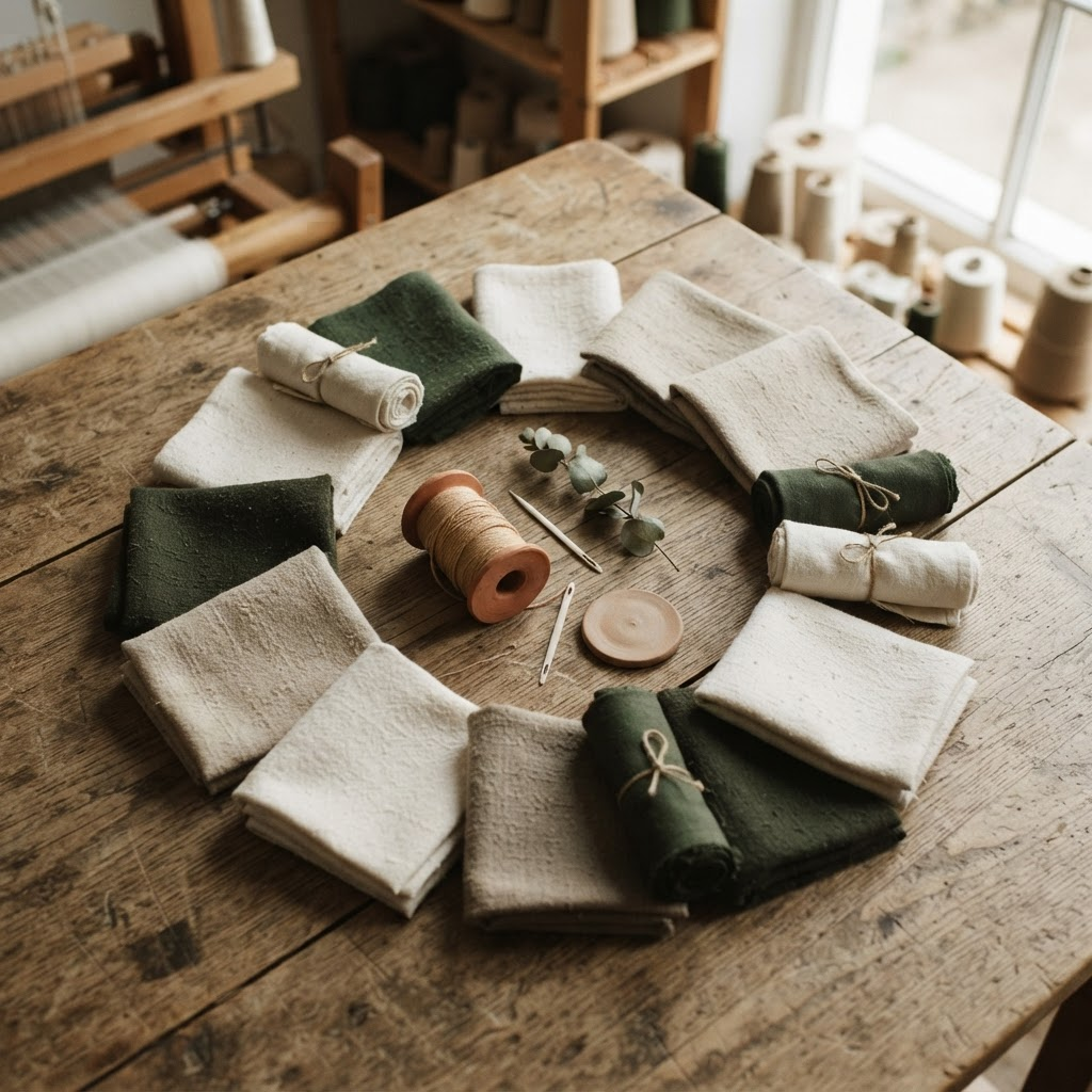 Kreisförmig angeordnete recycelte Baumwolltextilien in Offwhite und Waldgrün