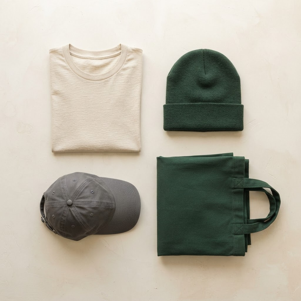 Employer-Branding-Kit aus T-Shirt, Beanie, Cap und Tote-Bag