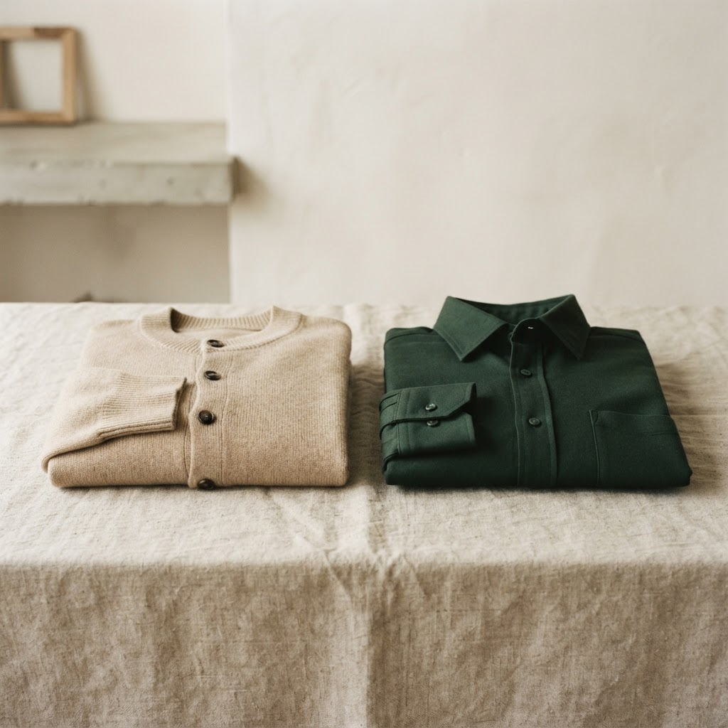 Feiner Strickcardigan und Baumwollhemd in Rohbaumwolle und Waldgrün
