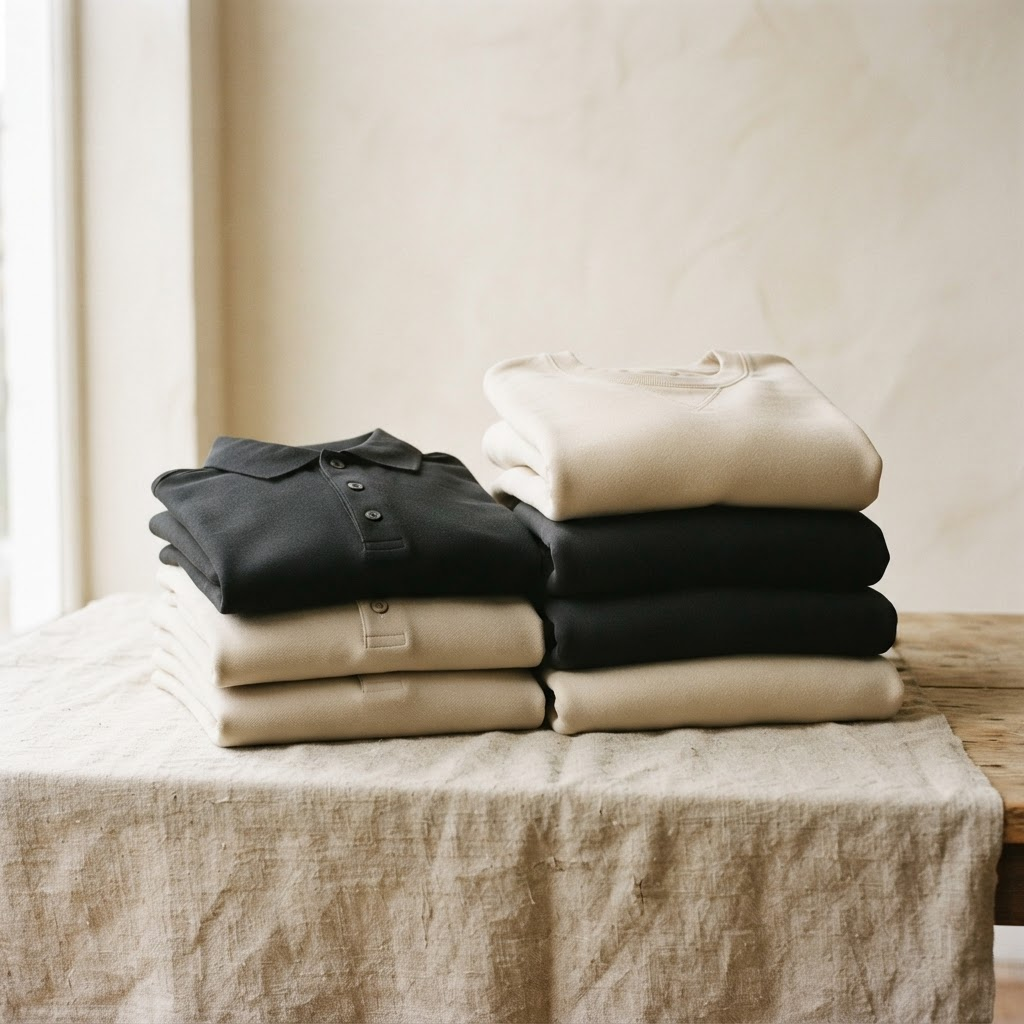 Gefaltete Team-Poloshirts und Sweatshirts in Graphit und Rohbaumwolle