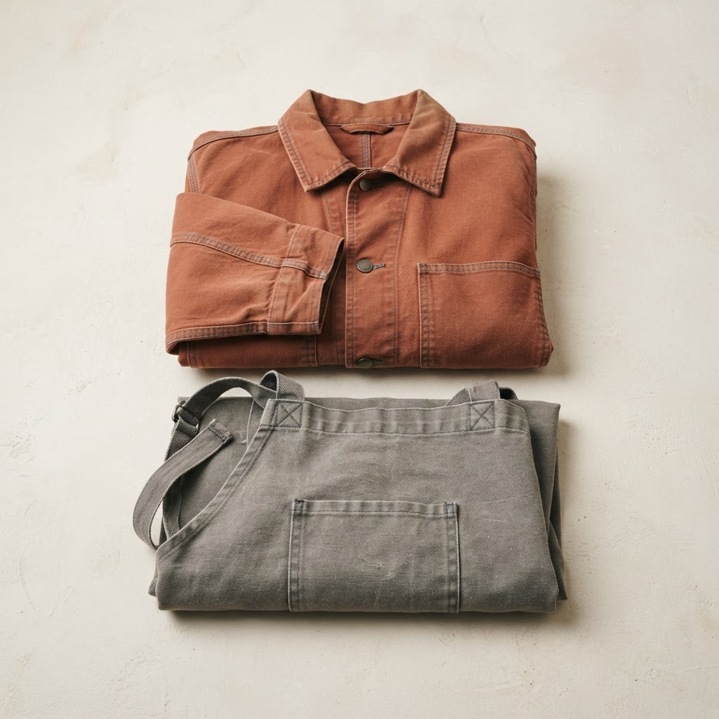 Robuste Arbeitsjacke und Baumwollschürze in Terrakotta und Grau